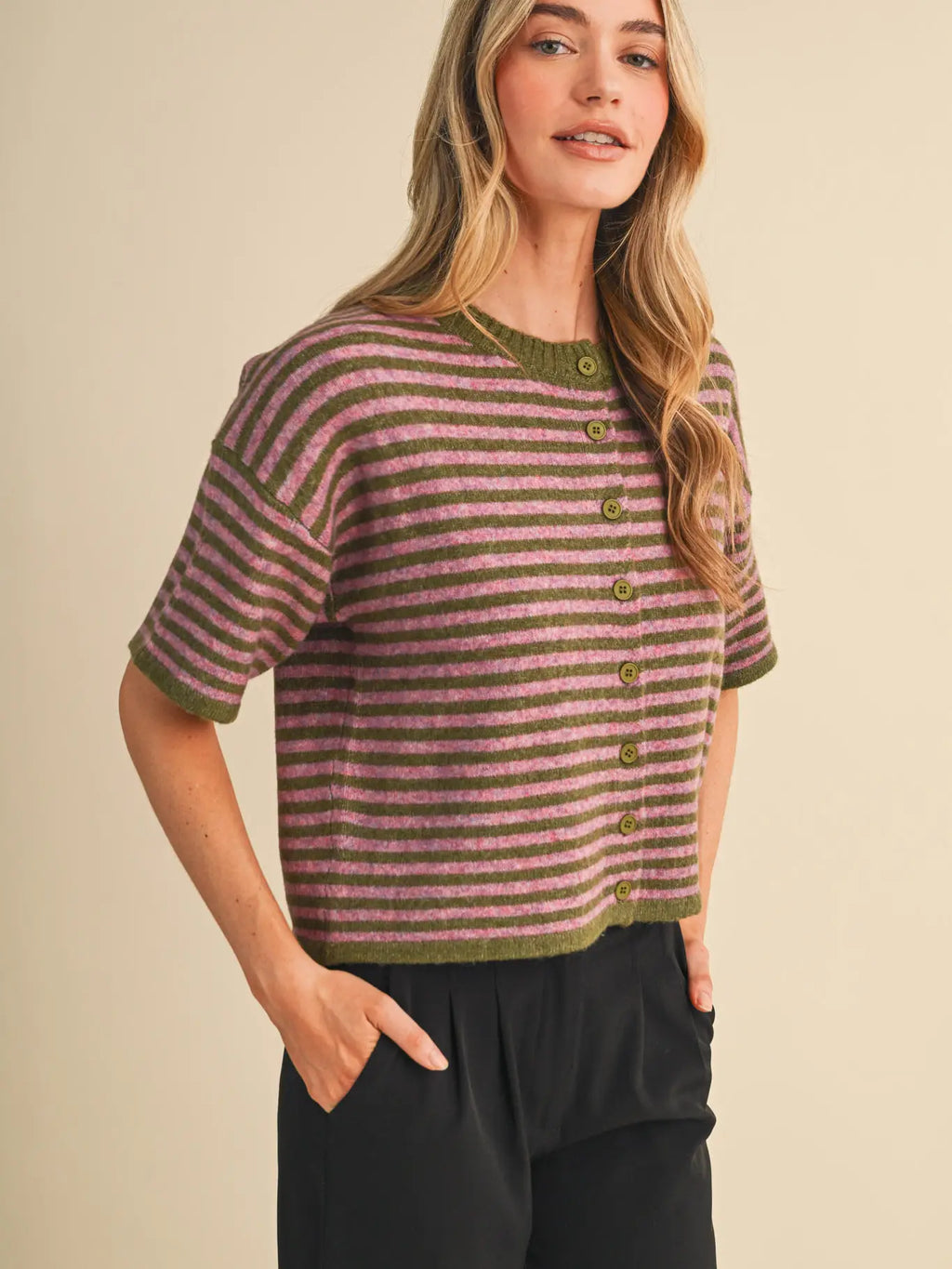 Striped Short Sleeve Sweater Cardigan