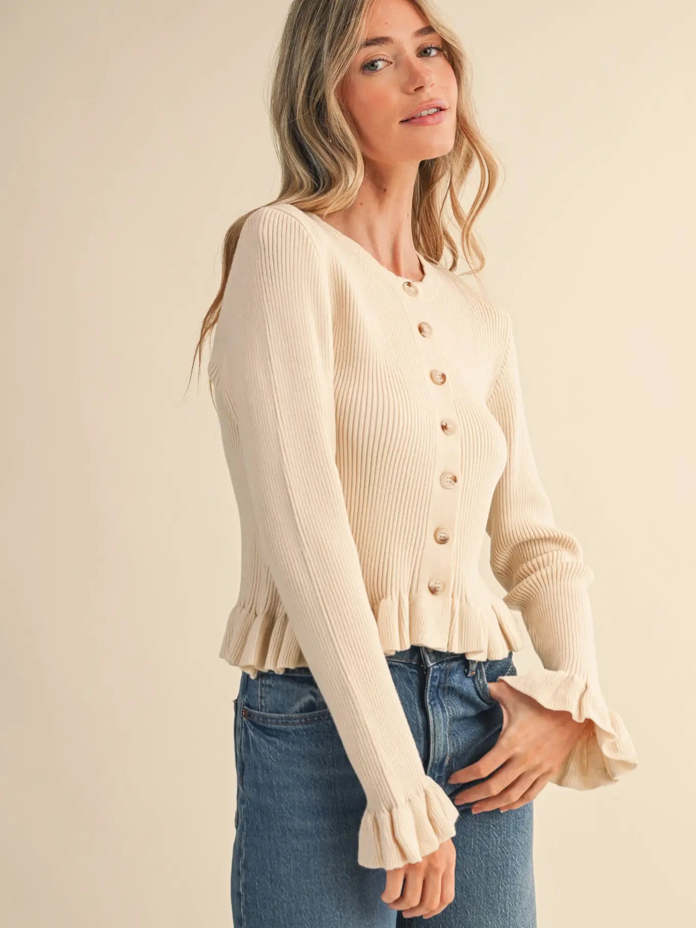 Ruffle Hem Ribbed Knit Sweater Cardigan