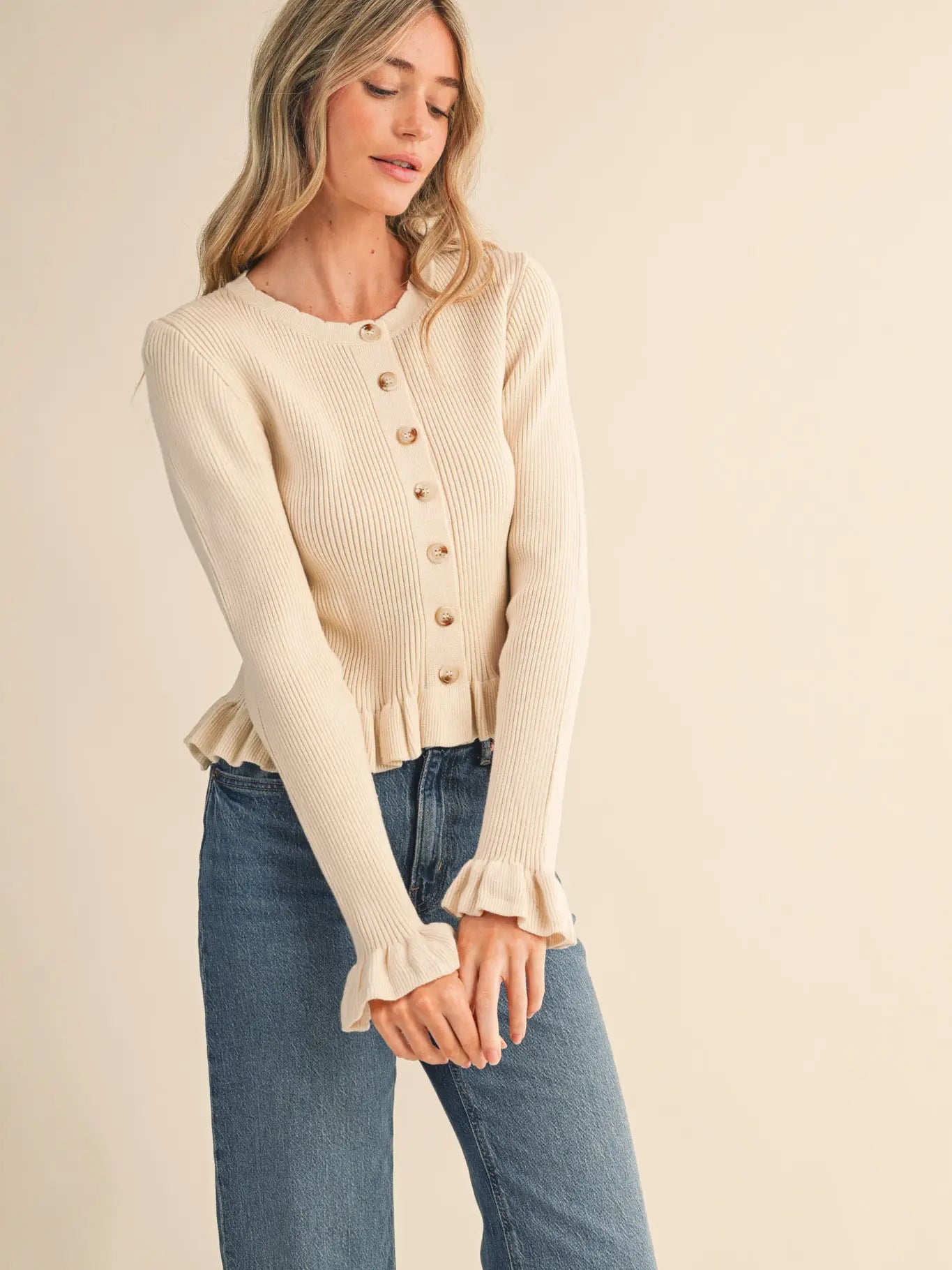 Ruffle Hem Ribbed Knit Sweater Cardigan
