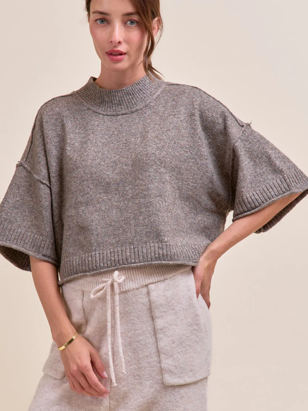 Marled Knit Mock Neck Short Sleeve Sweater