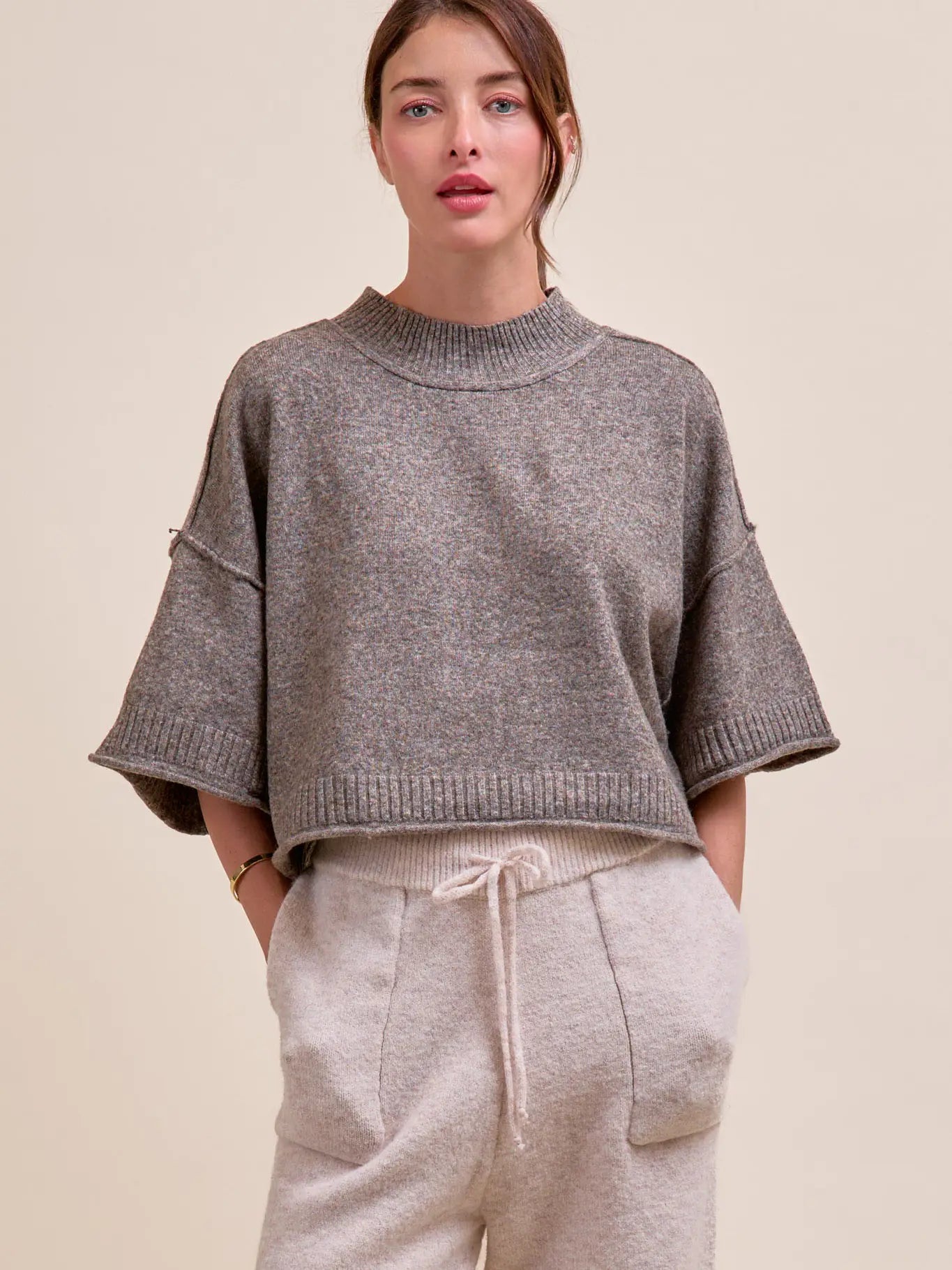Marled Knit Mock Neck Short Sleeve Sweater