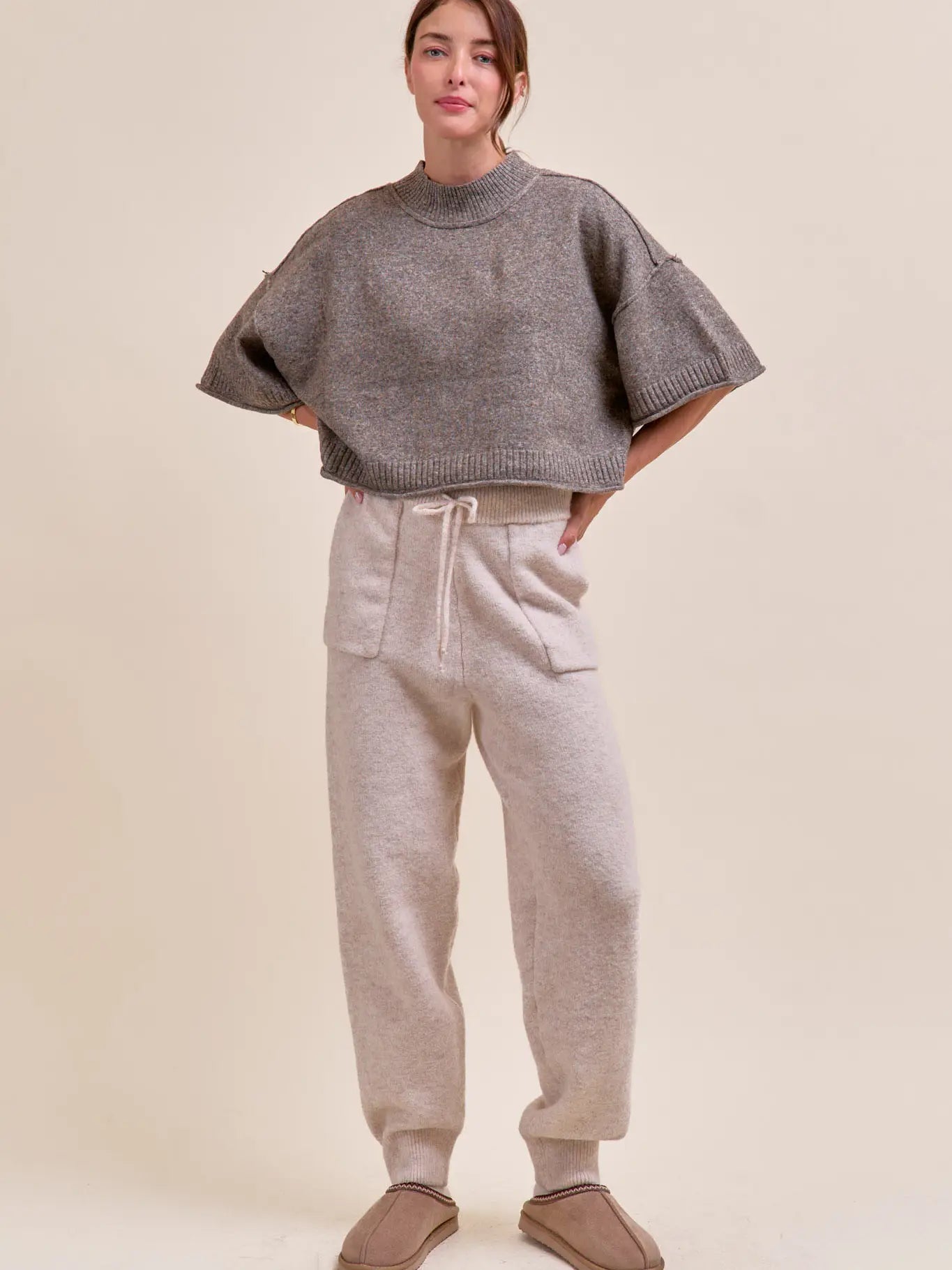 Marled Knit Mock Neck Short Sleeve Sweater