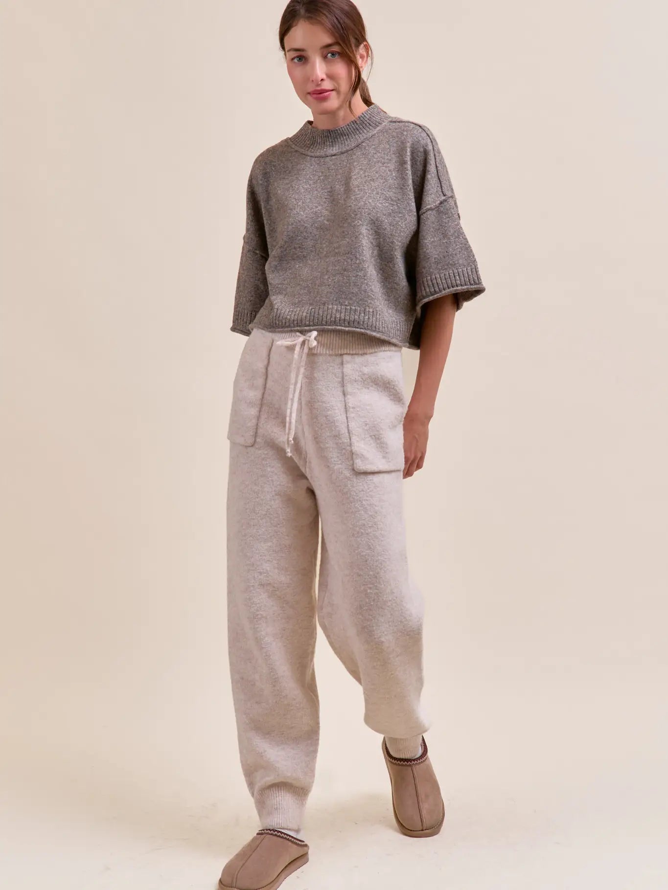 Marled Knit Mock Neck Short Sleeve Sweater