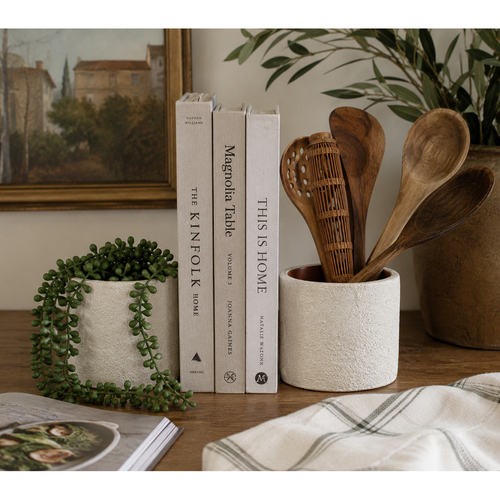 S/2 White Concrete Bookend Planters & Decorative Crocks