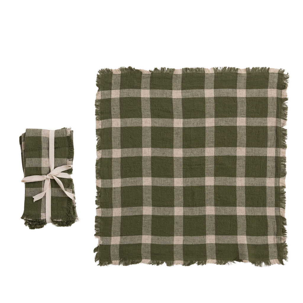 S/4 Olive & Natural Plaid Fringe Napkins