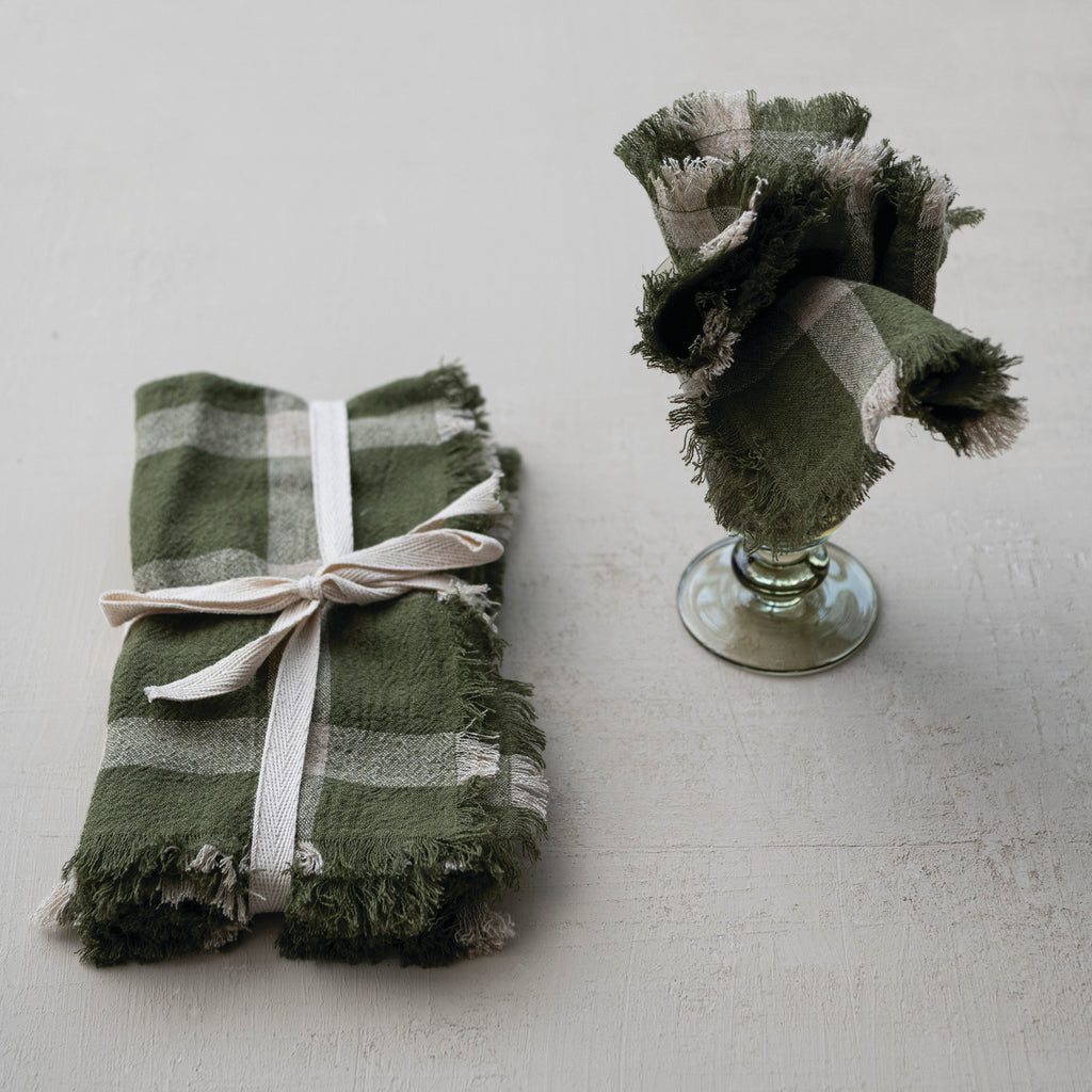S/4 Olive & Natural Plaid Fringe Napkins
