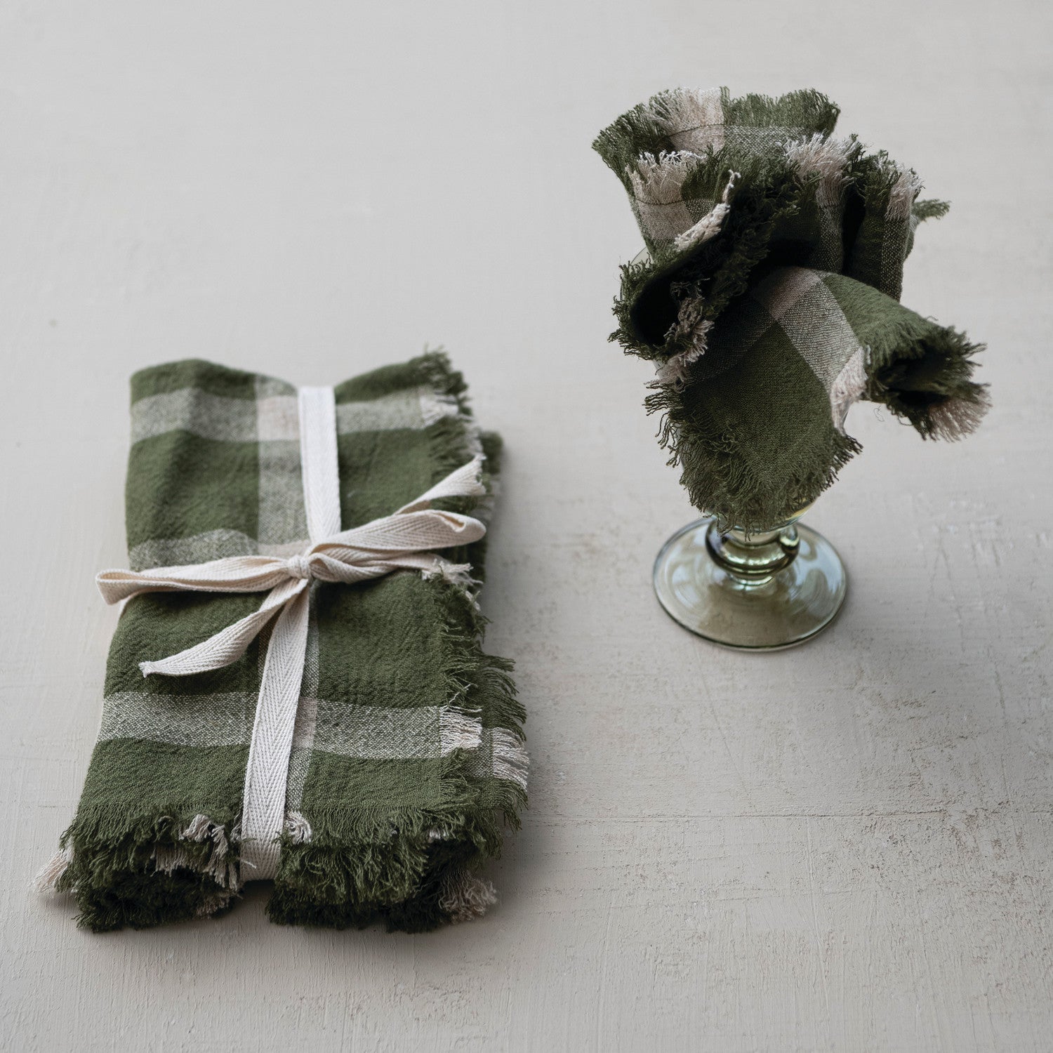 S/4 Olive & Natural Plaid Fringe Napkins