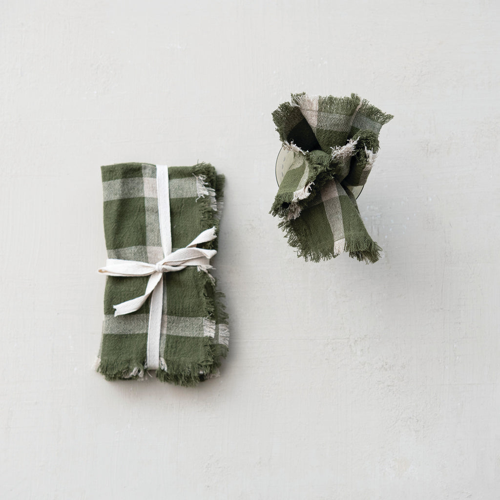 S/4 Olive & Natural Plaid Fringe Napkins