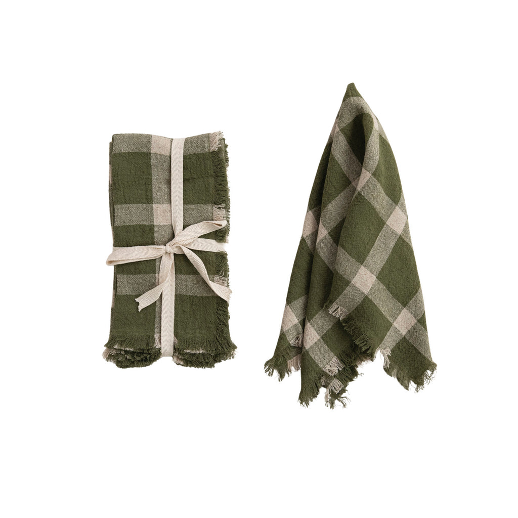 S/4 Olive & Natural Plaid Fringe Napkins