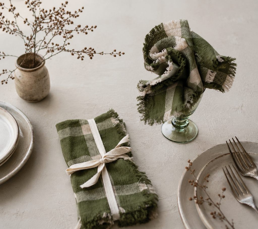 S/4 Olive & Natural Plaid Fringe Napkins