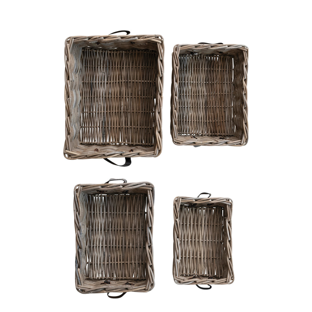Hand-Woven Rattan Basket w/Leather Handles | Grey Washed
