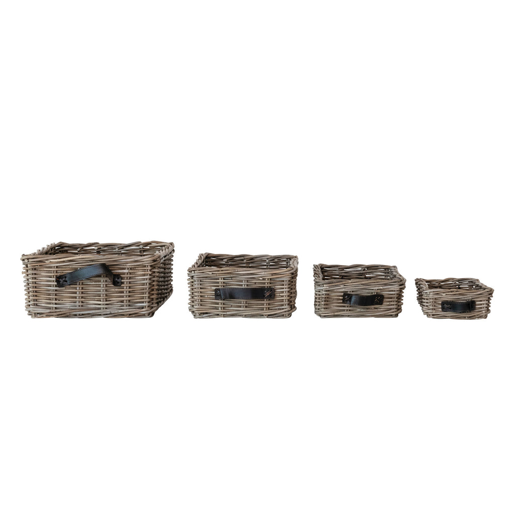 Hand-Woven Rattan Basket w/Leather Handles | Grey Washed