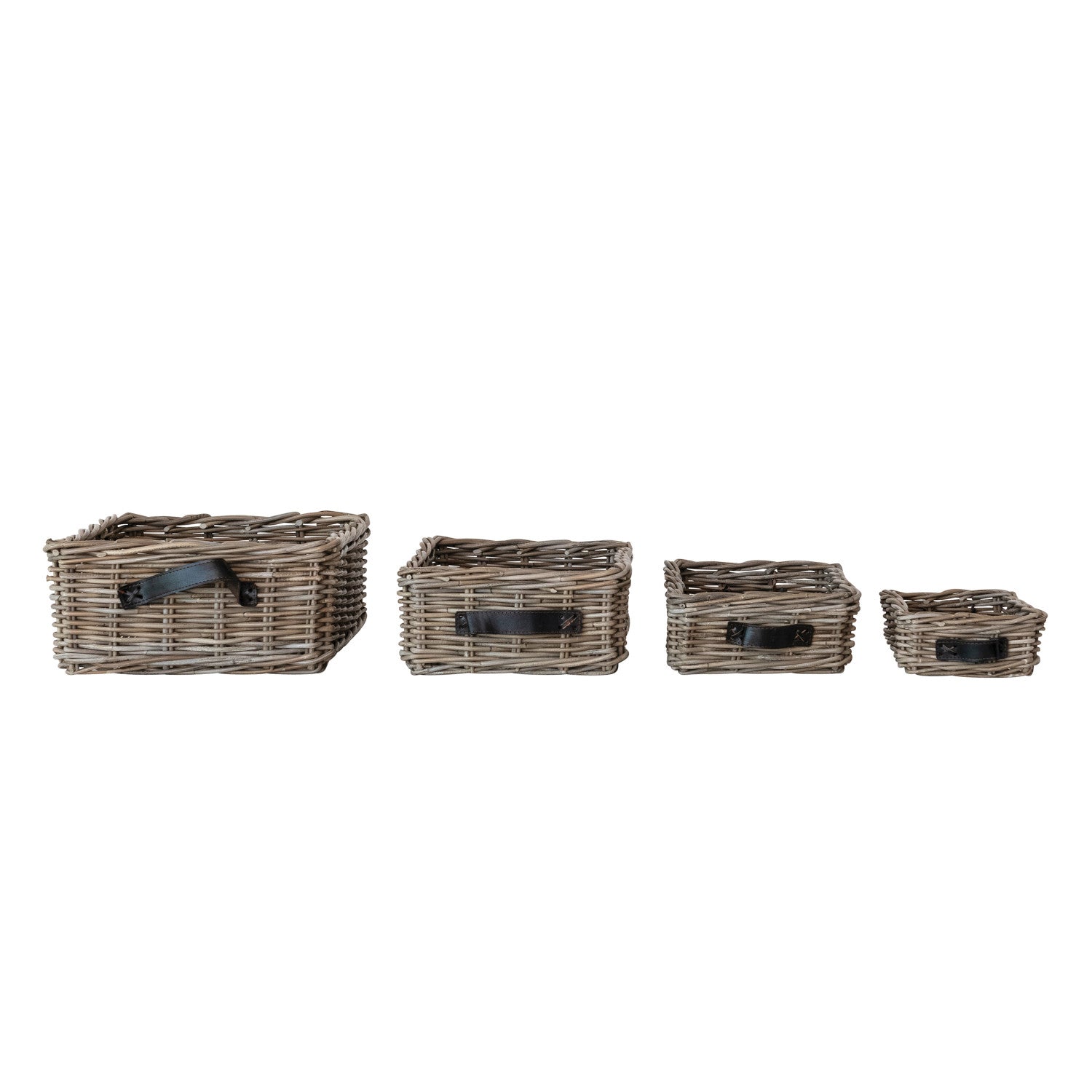 Hand-Woven Rattan Basket w/Leather Handles | Grey Washed