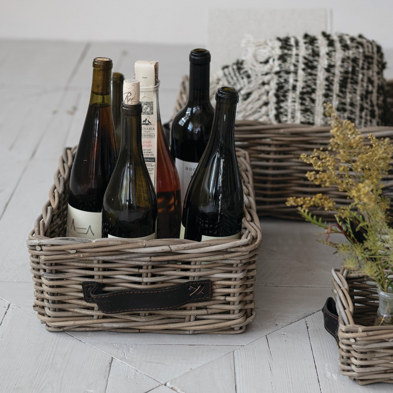 Hand-Woven Rattan Basket w/Leather Handles | Grey Washed