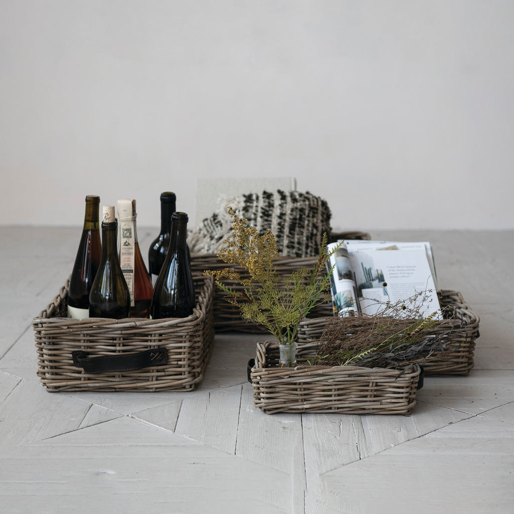 Hand-Woven Rattan Basket w/Leather Handles | Grey Washed