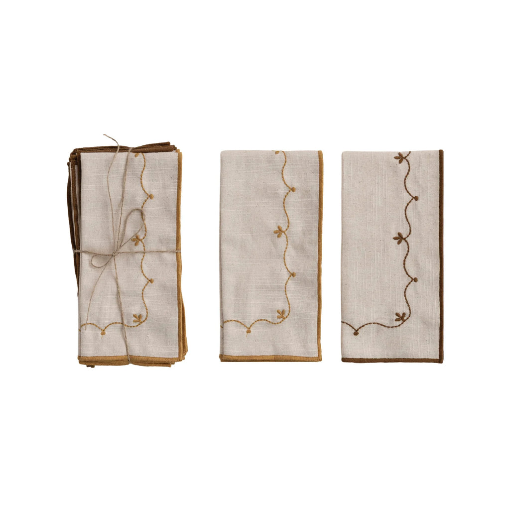 S/4 Mustard & Brown Embroidered Vine Cotton Napkins