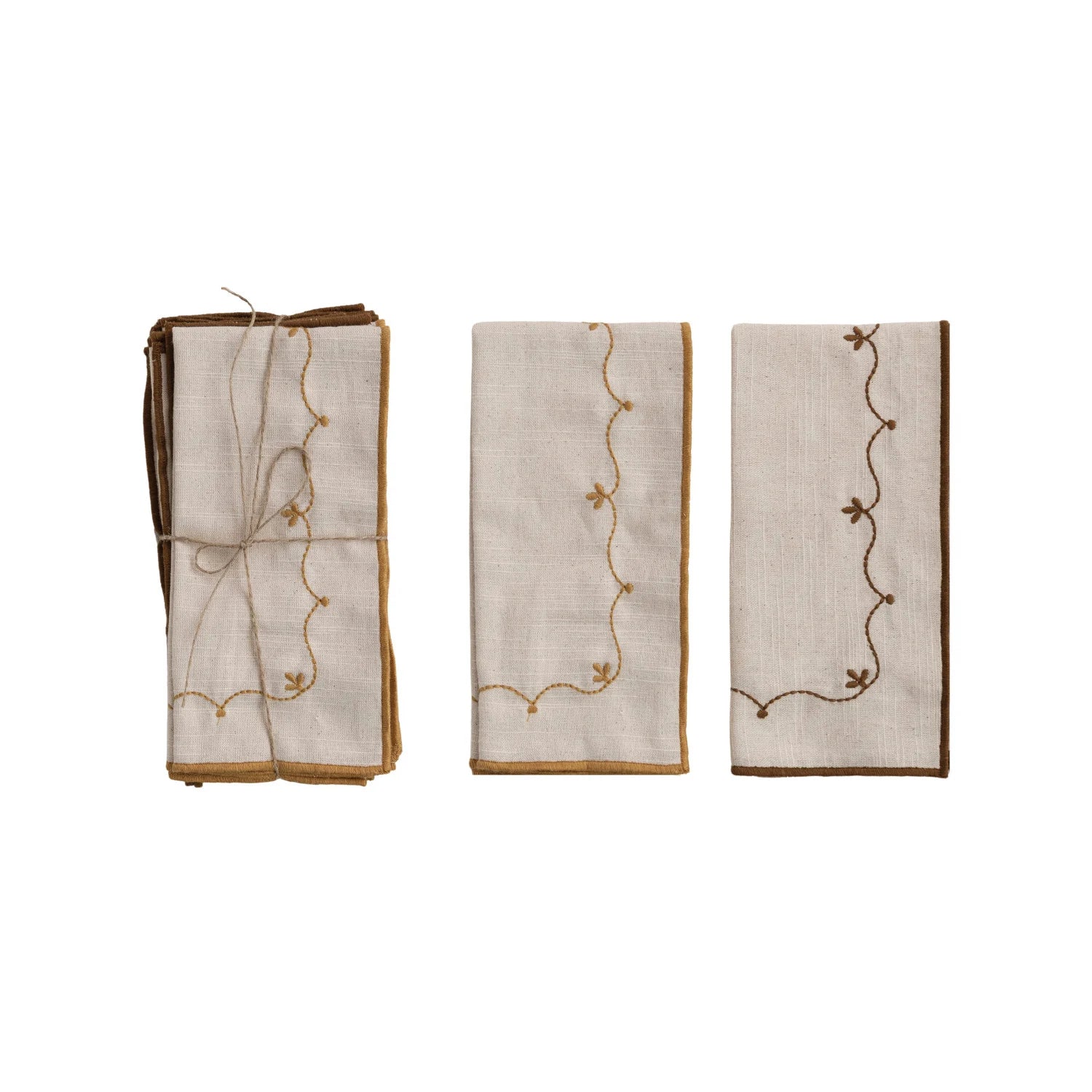 S/4 Mustard & Brown Embroidered Vine Cotton Napkins