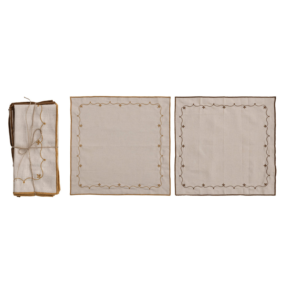 S/4 Mustard & Brown Embroidered Vine Cotton Napkins