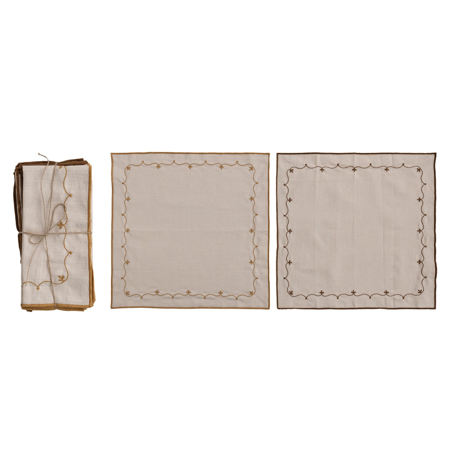 S/4 Mustard & Brown Embroidered Vine Cotton Napkins