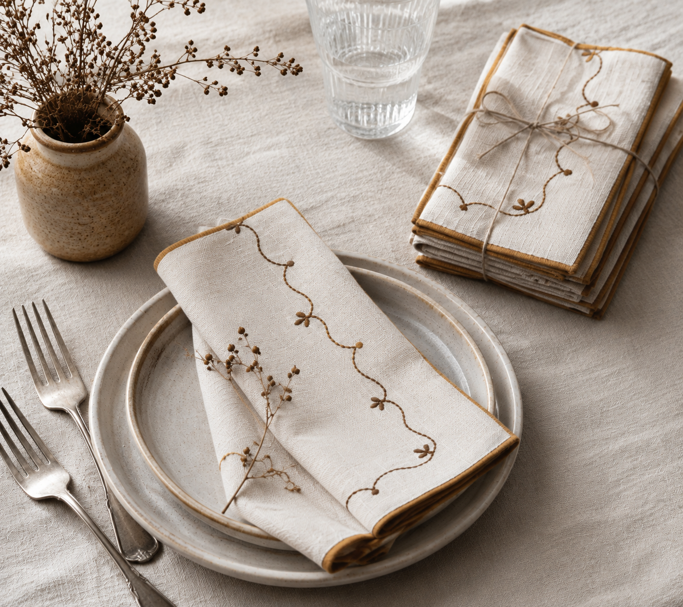 S/4 Mustard & Brown Embroidered Vine Cotton Napkins