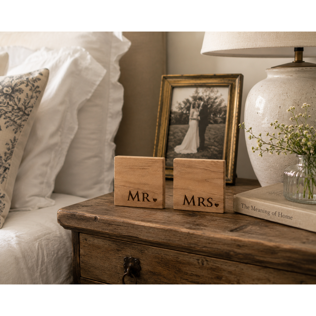 Mr & Mrs Beech Wood Coaster Set