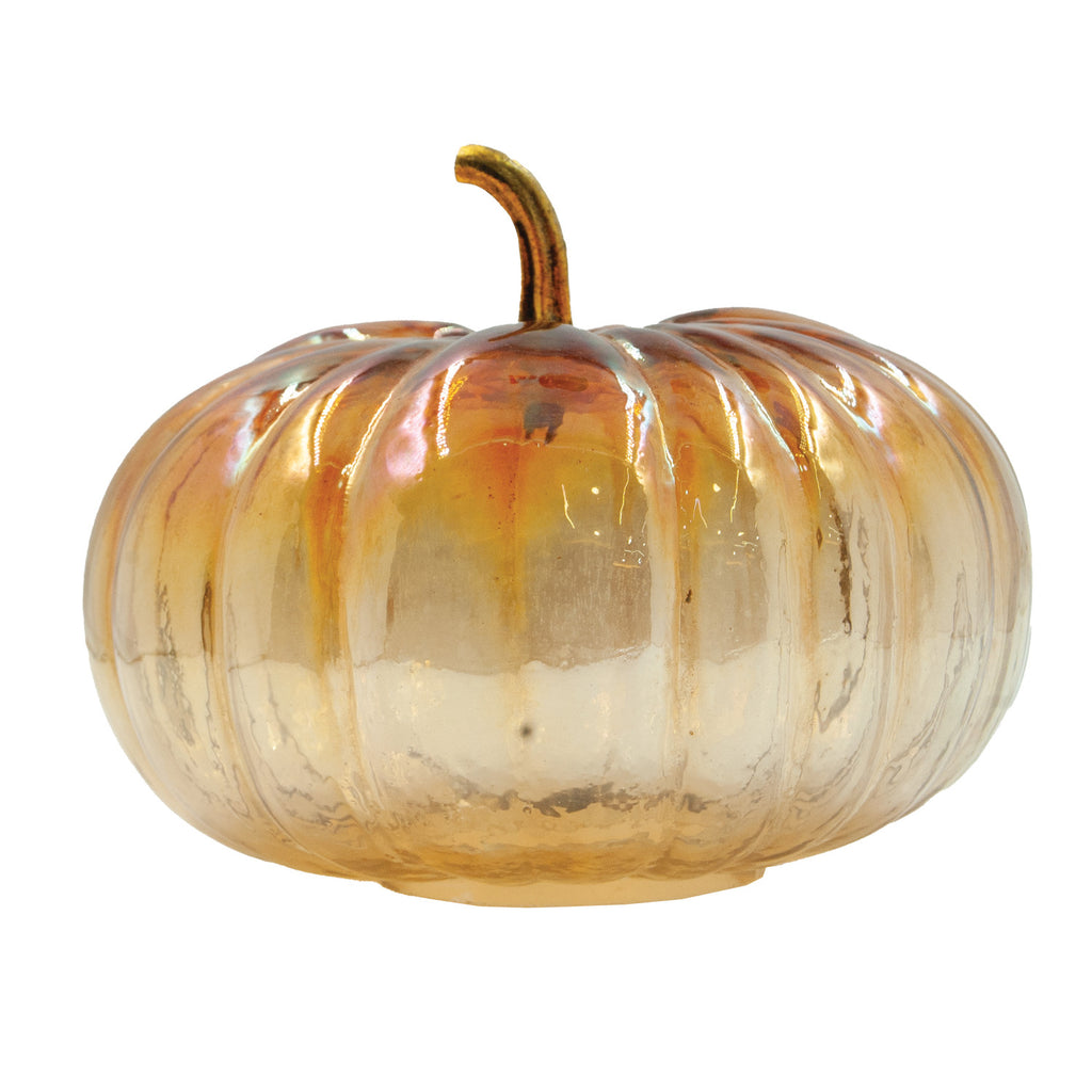 Iridescent Amber Glass Pumpkin w/Brass Stem
