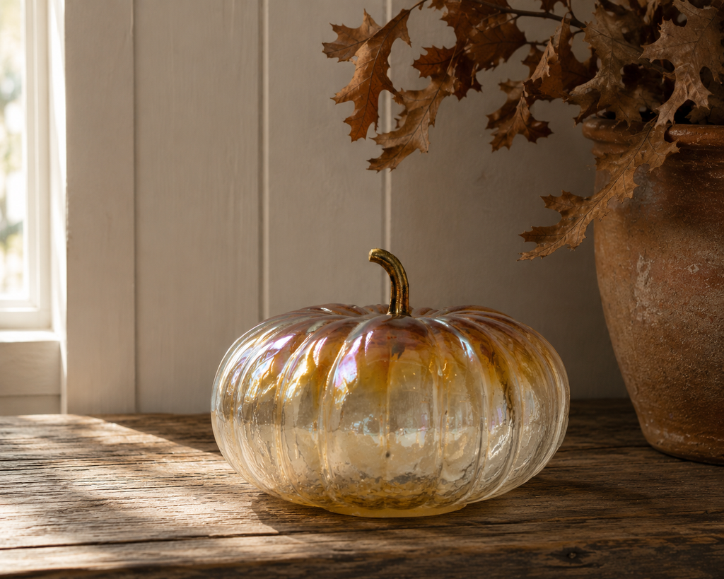 Iridescent Amber Glass Pumpkin w/Brass Stem