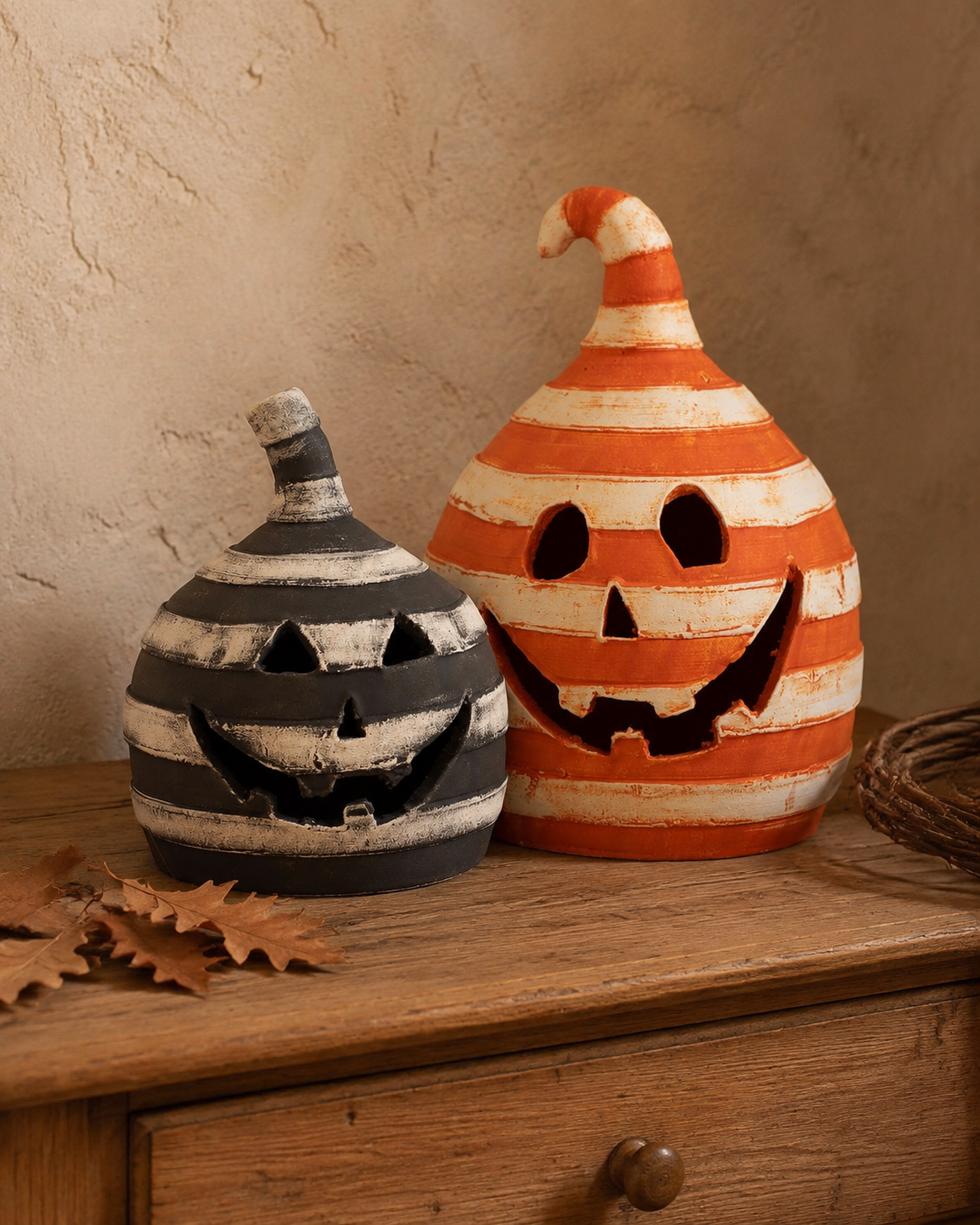 Handcrafted Clay Striped Jack-O’-Lantern