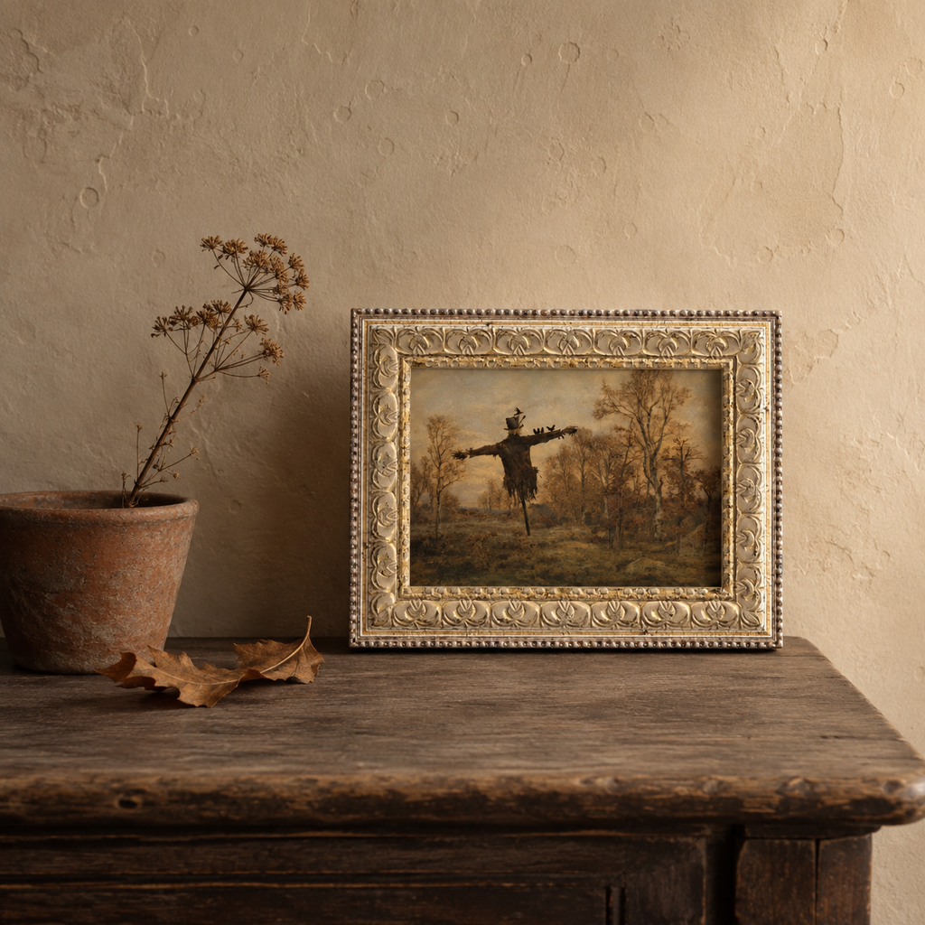 Scarecrow in the Autumn Woods Framed Print