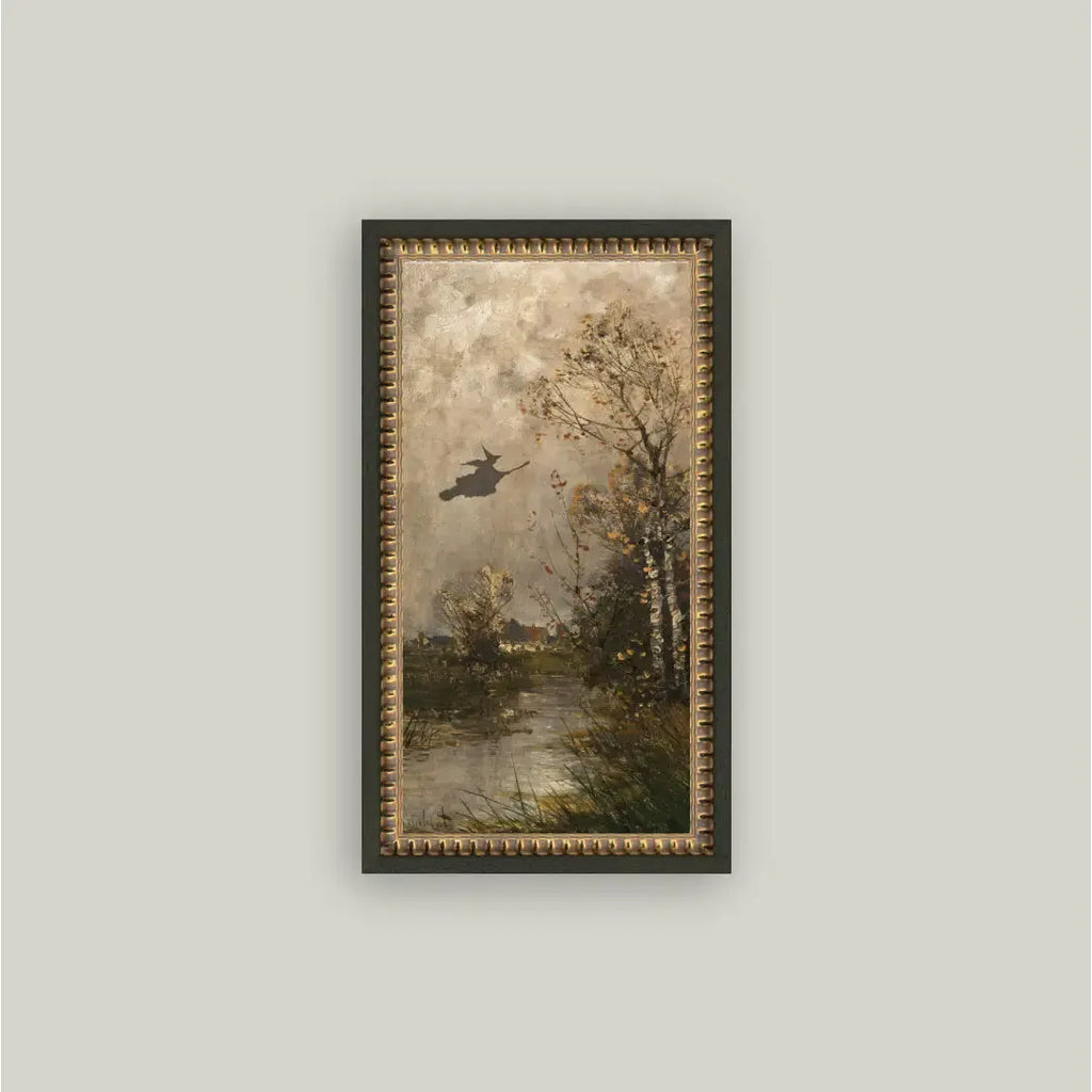 Flying Witch Landscape Framed Antique Art | 7” x 12”