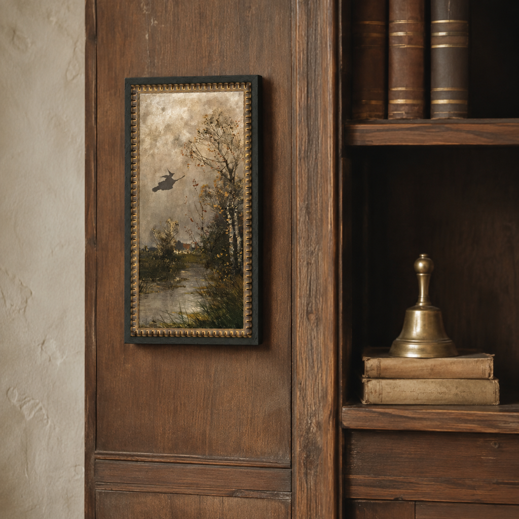 Flying Witch Landscape Framed Antique Art | 7” x 12”