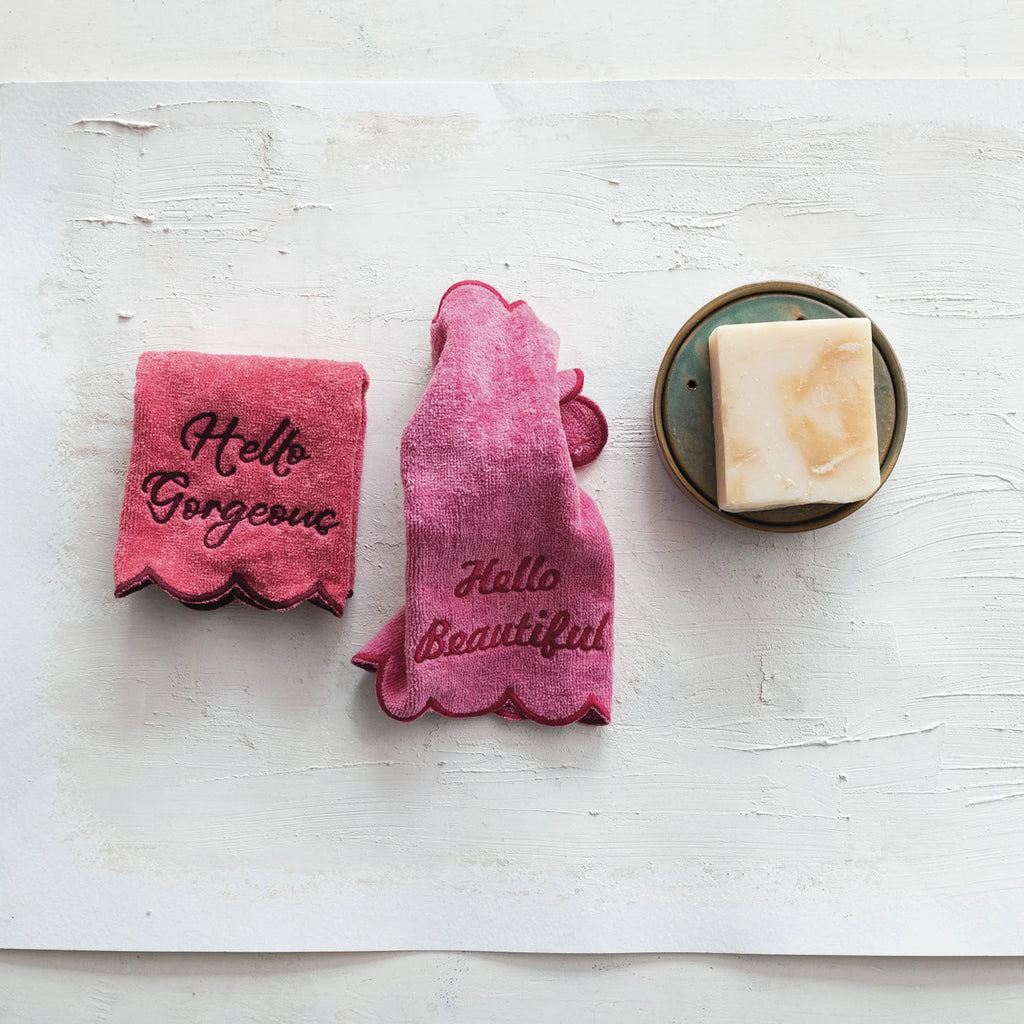 S/2 Scalloped Wash Cloths w/ Embroidered Saying & Trim