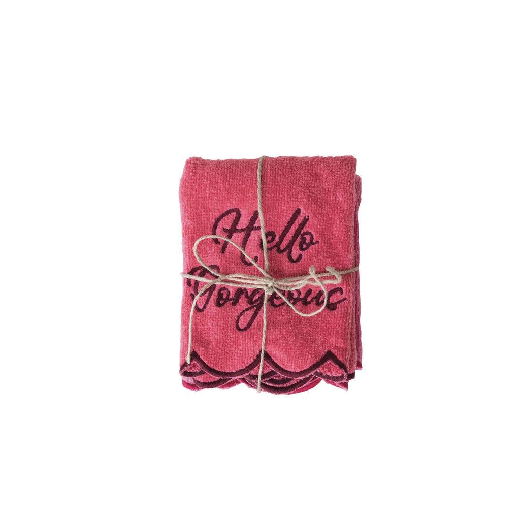 S/2 Scalloped Wash Cloths w/ Embroidered Saying & Trim