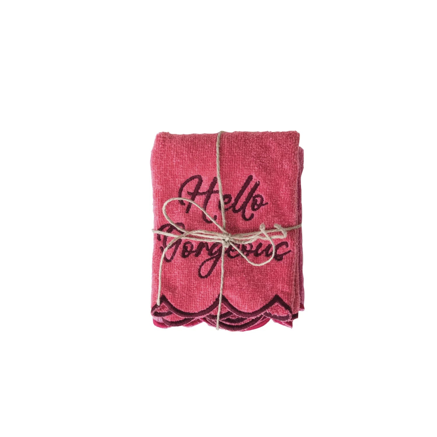 S/2 Scalloped Wash Cloths w/ Embroidered Saying & Trim