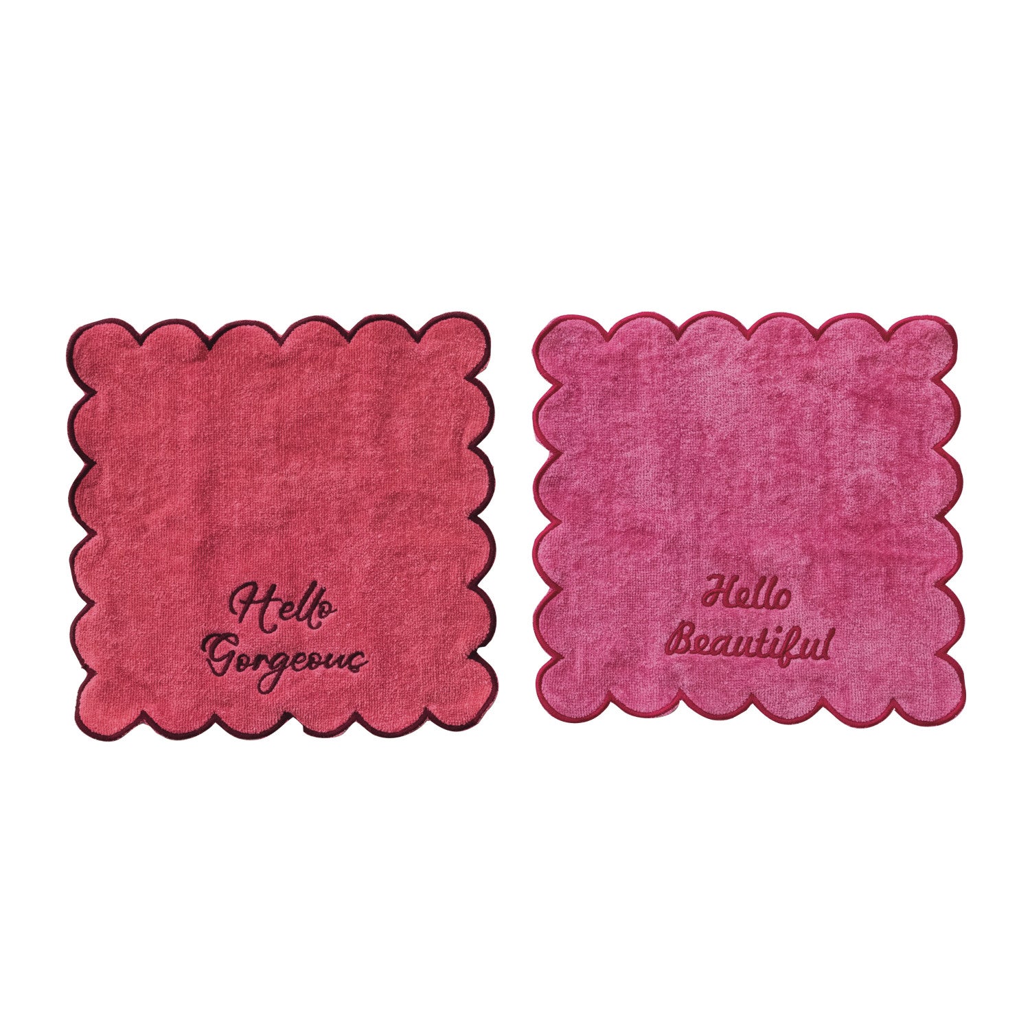 S/2 Scalloped Wash Cloths w/ Embroidered Saying & Trim
