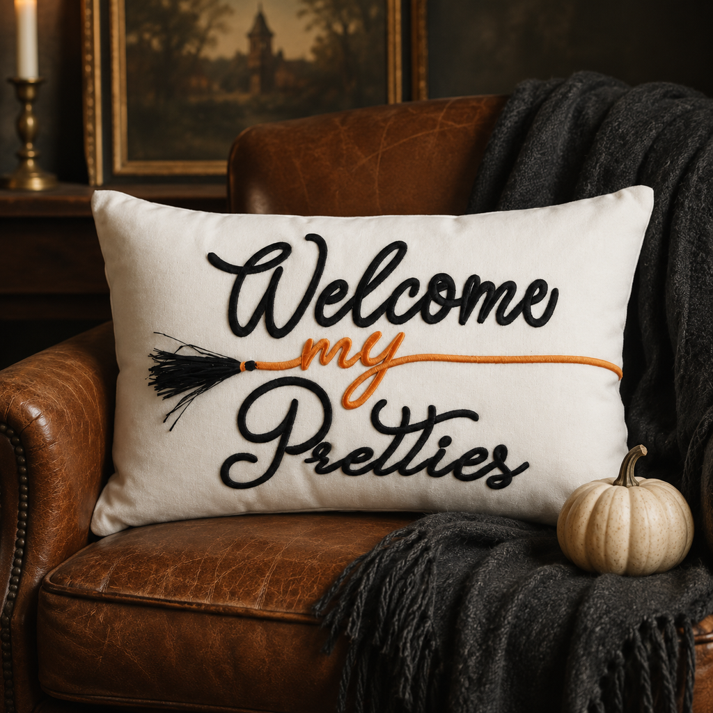 “Welcome My Pretties” Embroidered Halloween Pillow