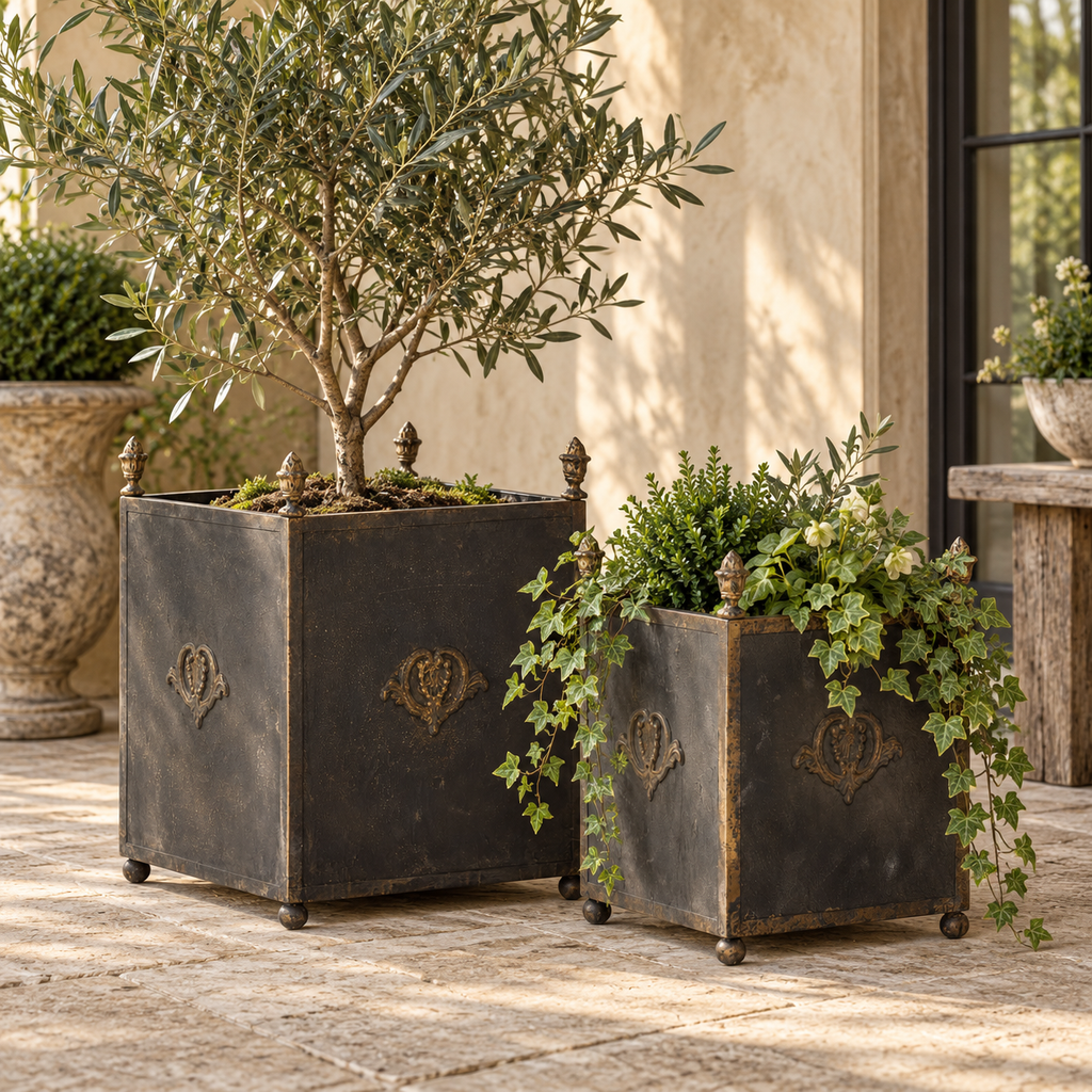 Aged Black & Gold Iron Square Planter