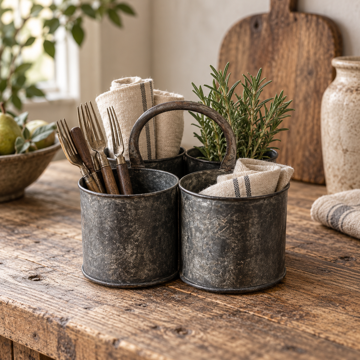 Vintage Galvanized Four-Pot Garden Caddy