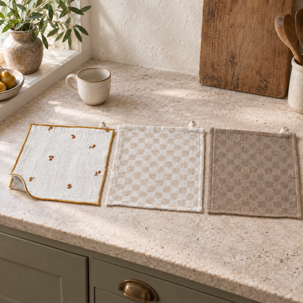 S/3 Embroidered Floral & Waffle-Weave Dish Cloths