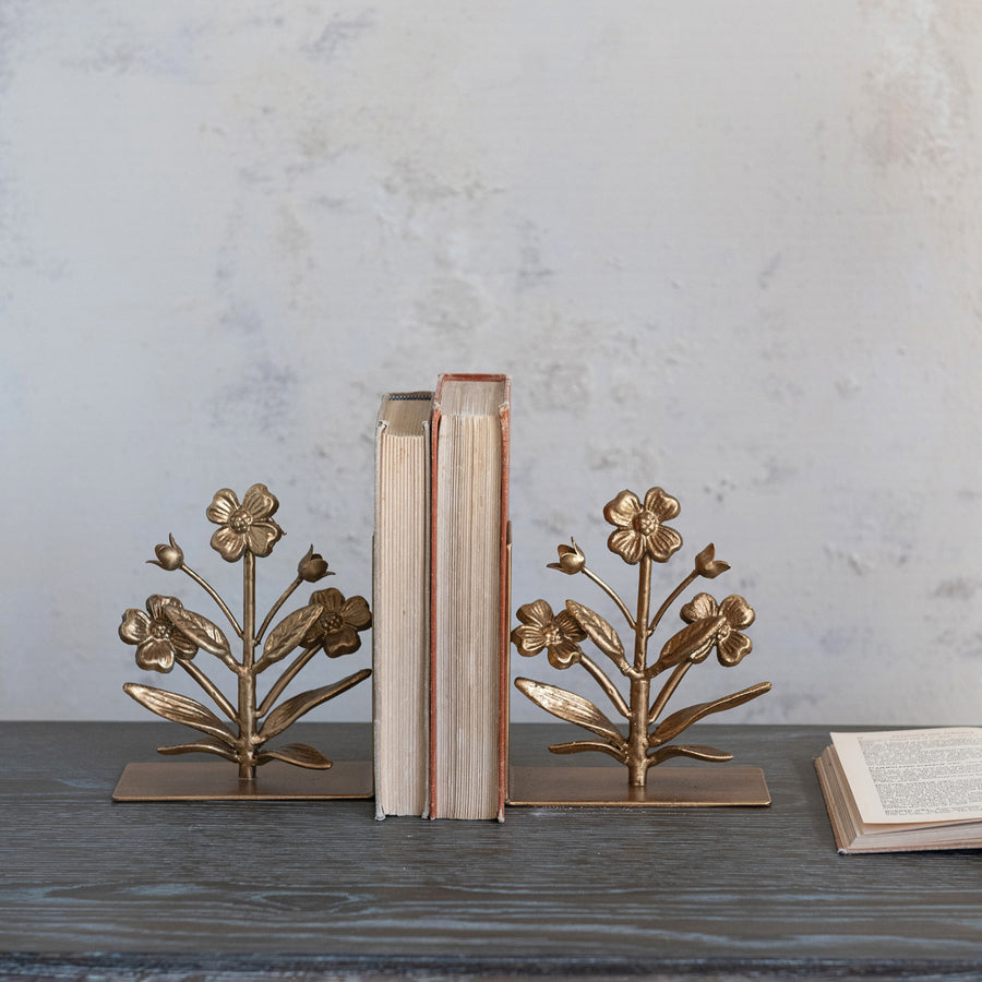 S/2 Cast Iron Flower Shaped Bookends