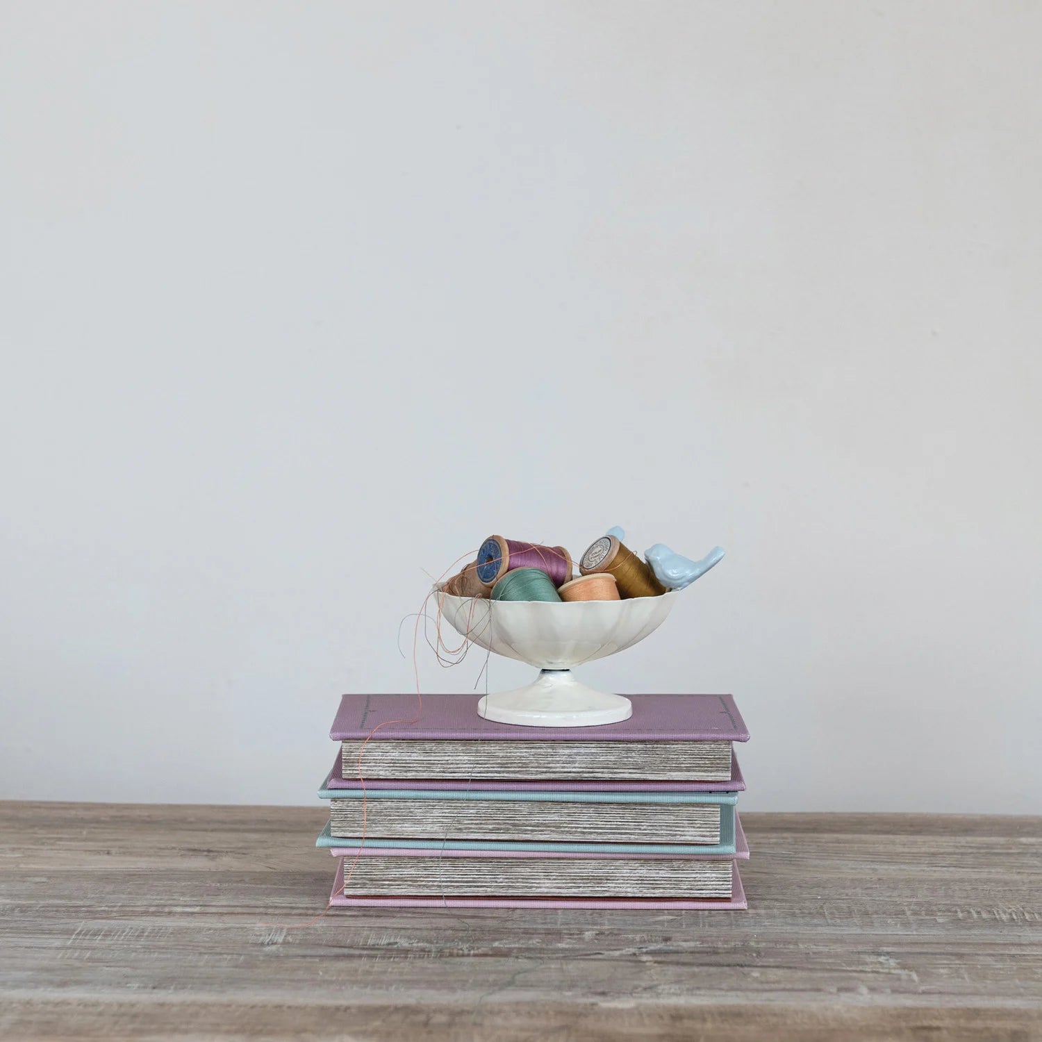 Antique White Scalloped Bowl w/Blue 3D Birds