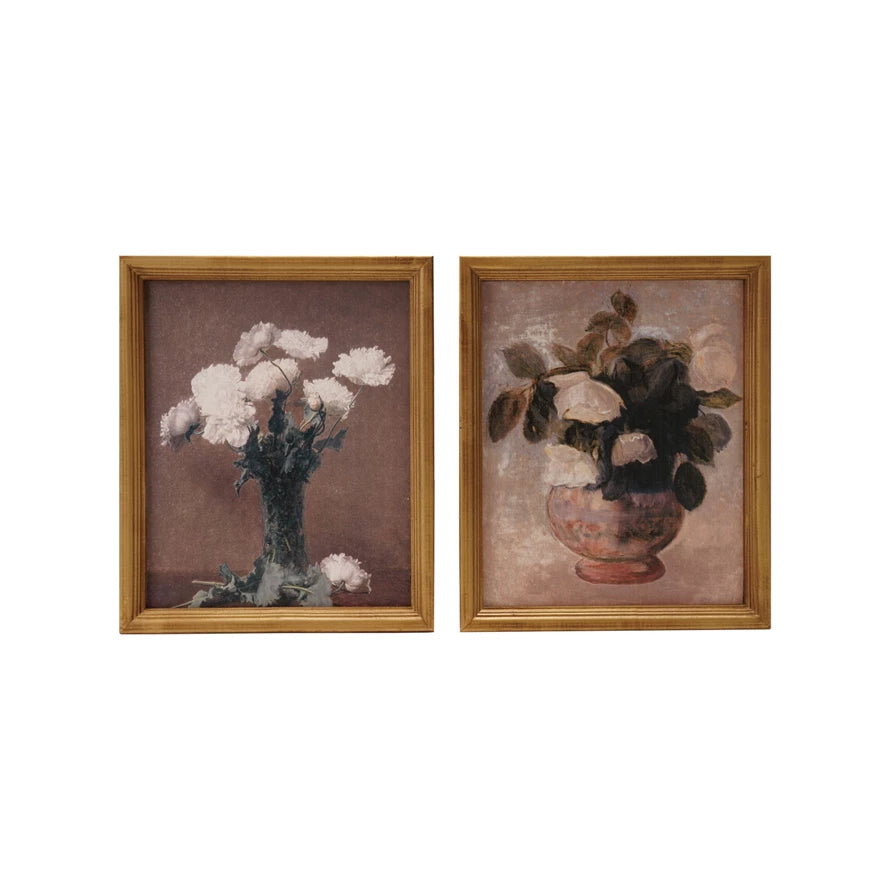 Framed Vintage Reproduction Print w/ Flowers & Vase
