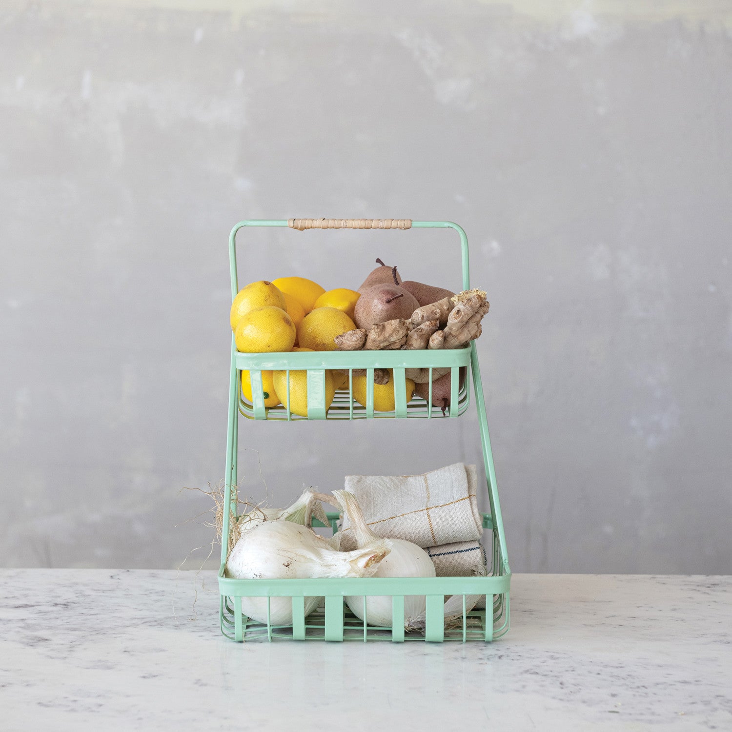 Metal 2-Tier Tray w/ Rattan Wrapped Handle | Mint