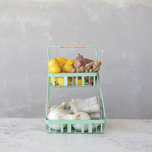 Metal 2-Tier Tray w/ Rattan Wrapped Handle | Mint