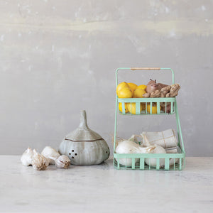 Metal 2-Tier Tray w/ Rattan Wrapped Handle | Mint