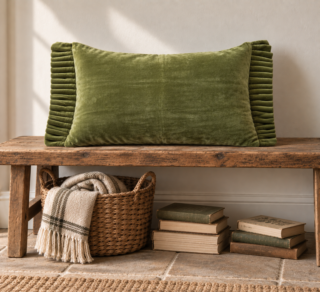 Velvet Ruffle Lumbar Pillow | Moss Green