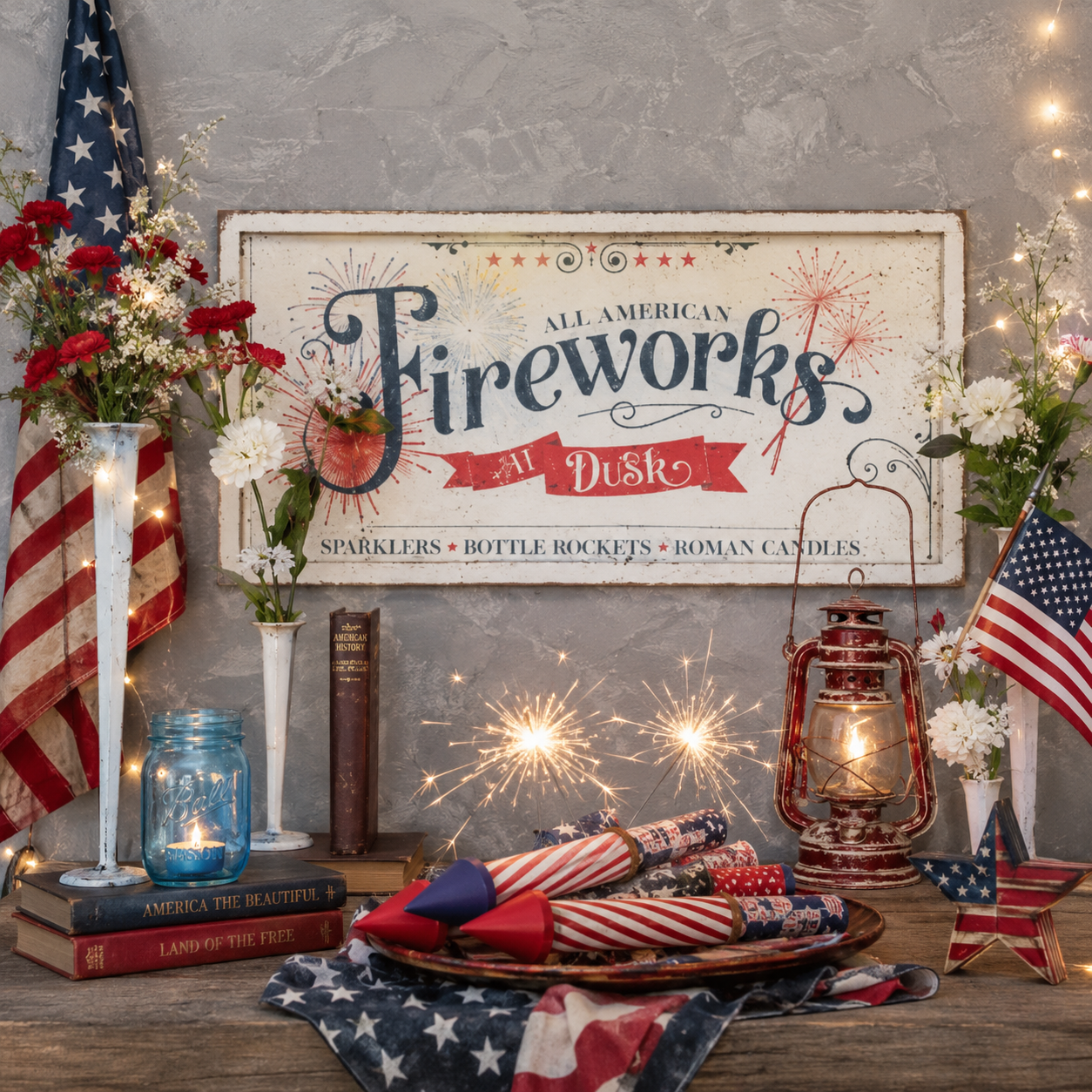 Fireworks at Dusk Metal Sign