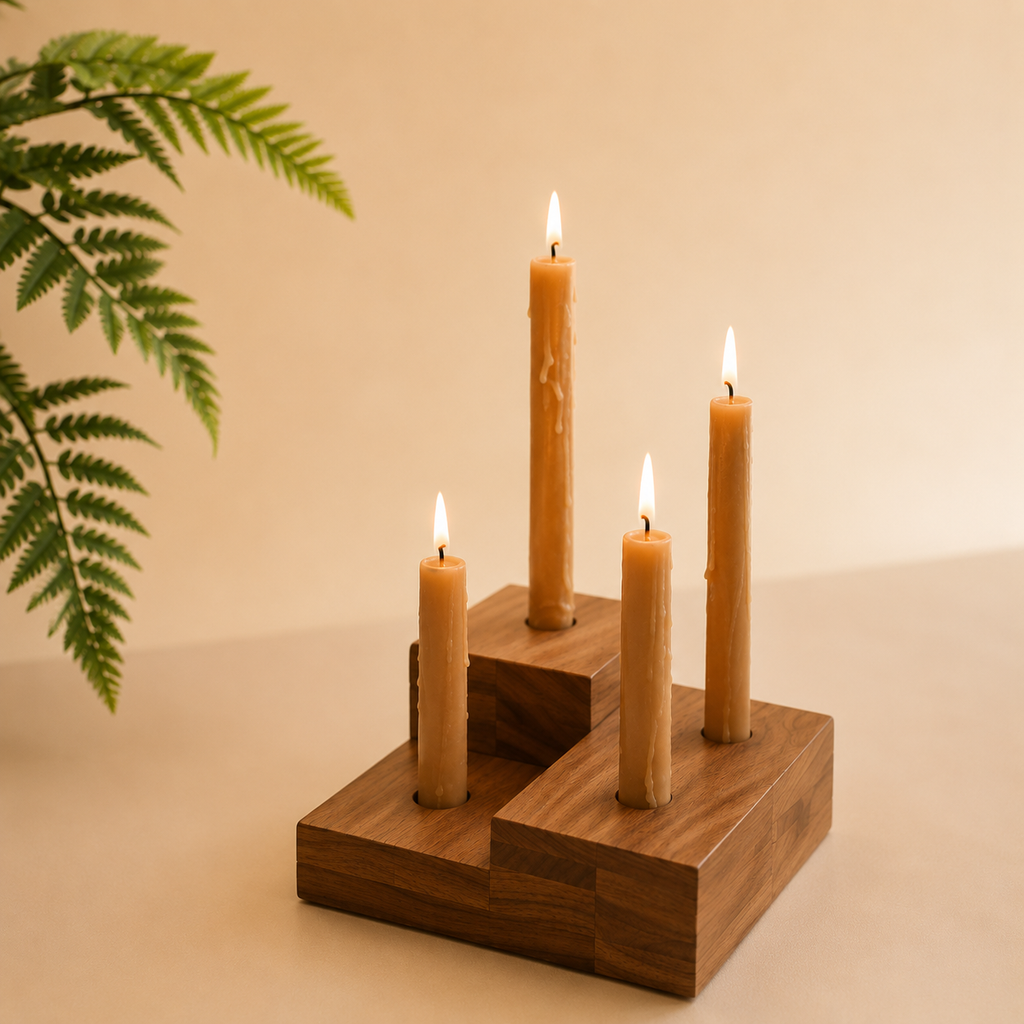 Glass Hurricane w/Four Taper Holder Wood Base | Large