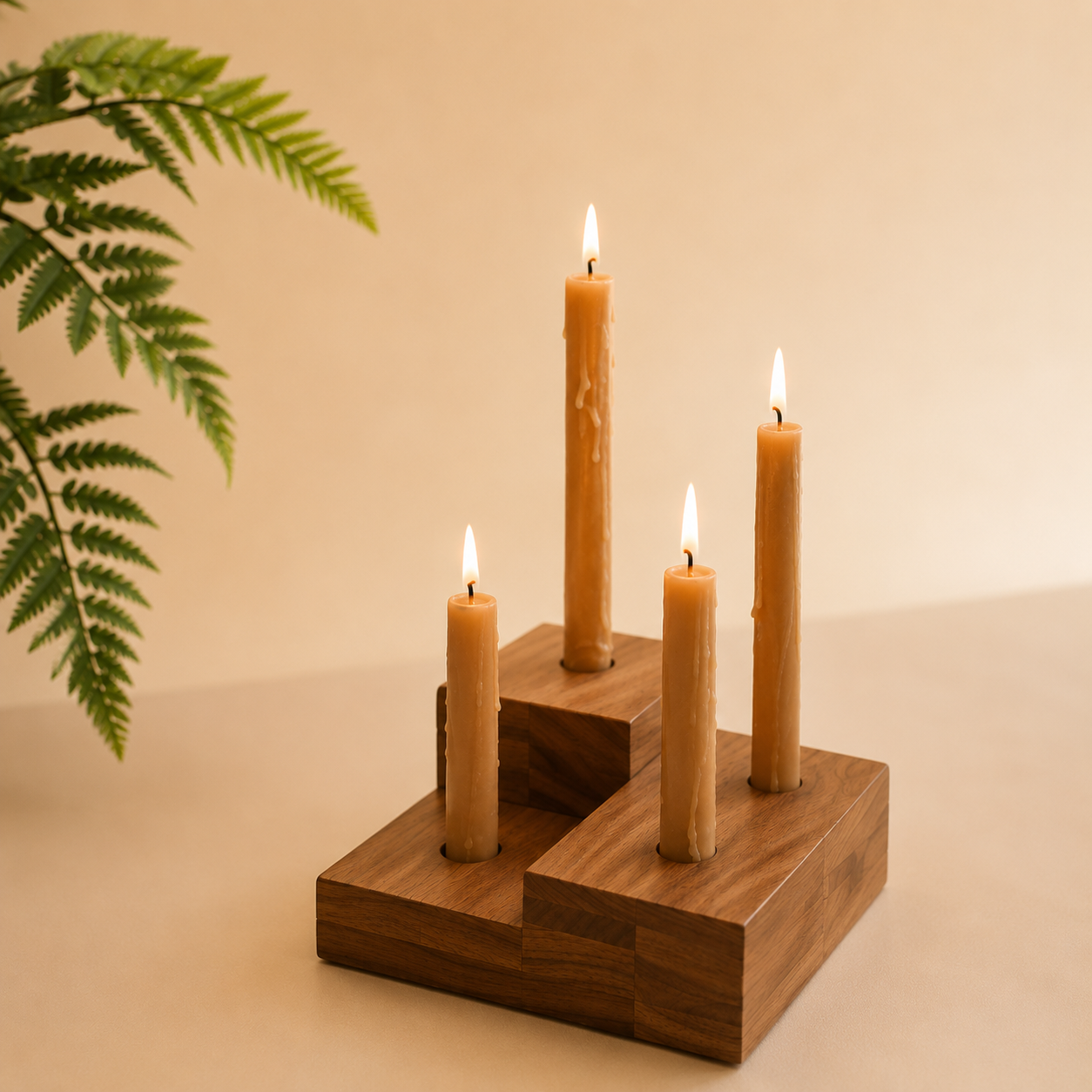 Glass Hurricane w/Four Taper Holder Wood Base | Large