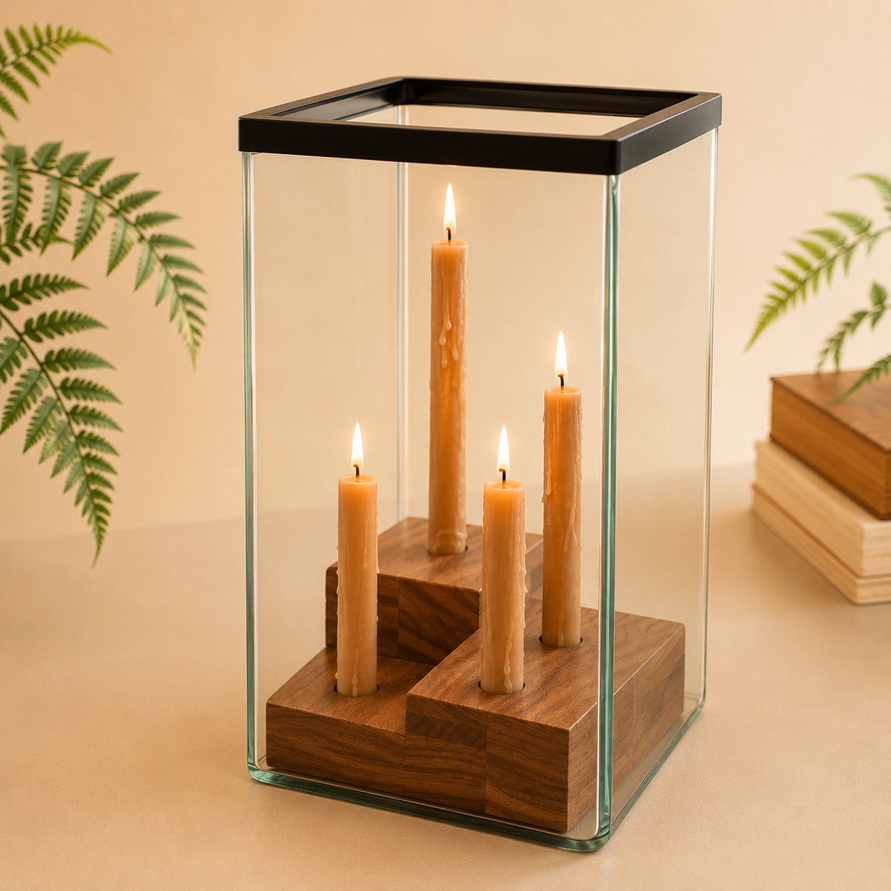 Glass Hurricane w/Four Taper Holder Wood Base | Large